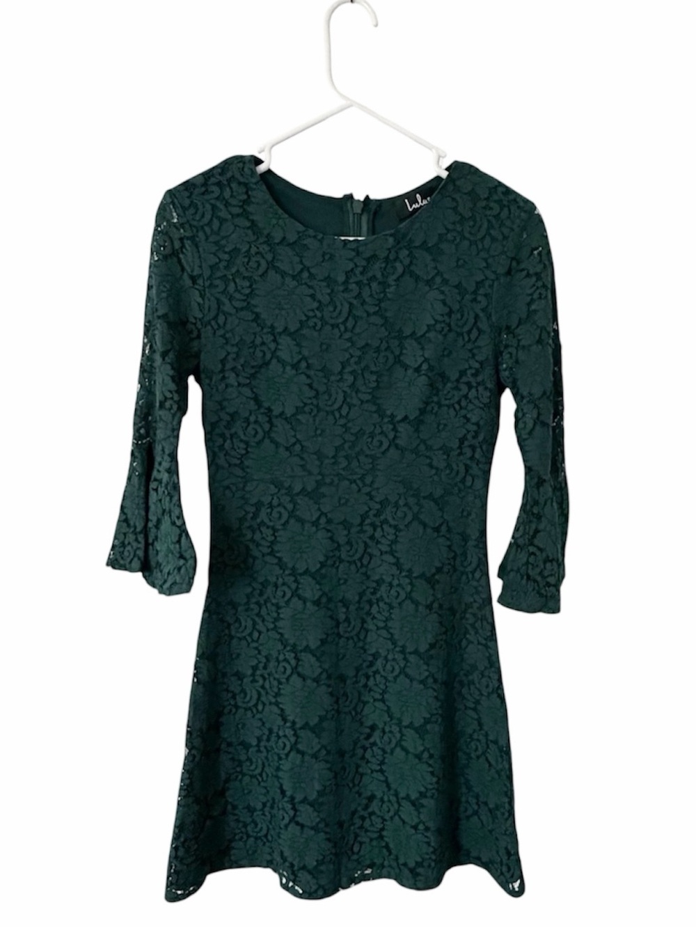 Lulus Emerald Green Lace Dress XS Bell Sleeve Fit & Flare Floral